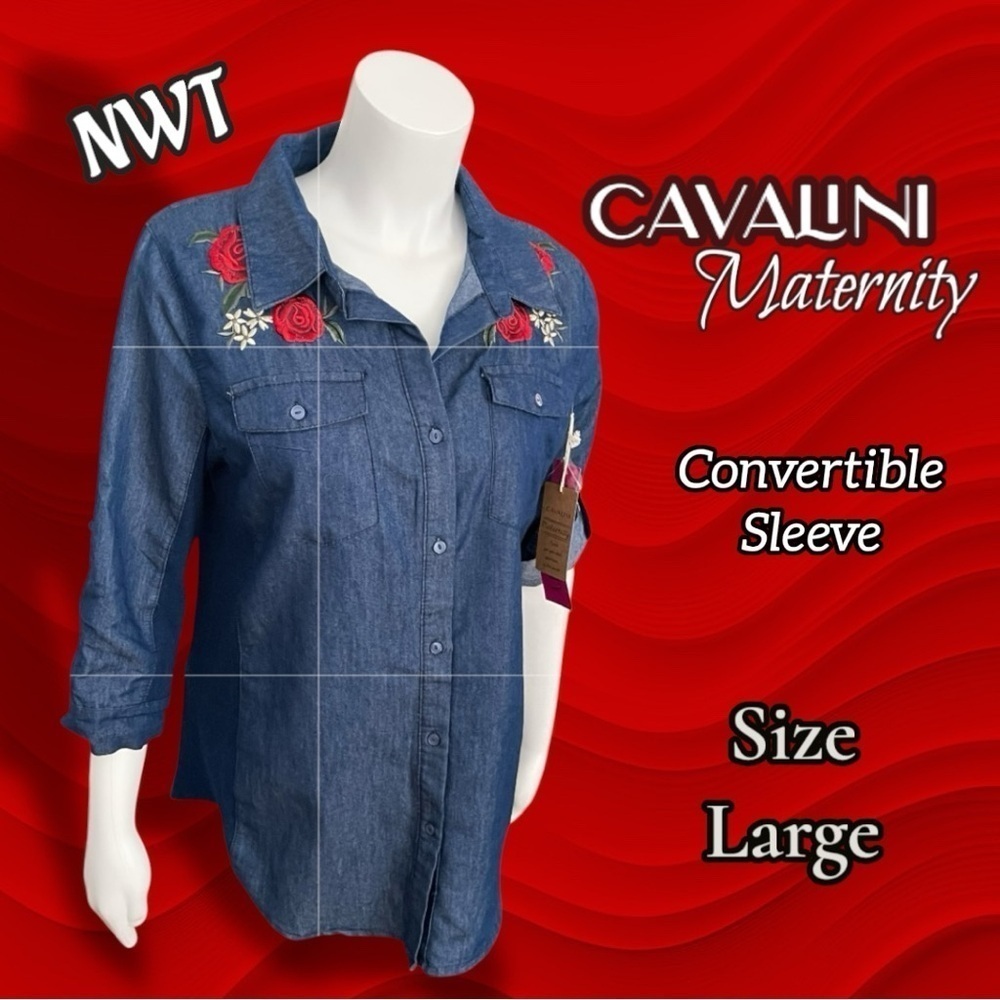 Cavalini Maternity NWT Denim Button Down Top Floral Size Large Conv Sleeve